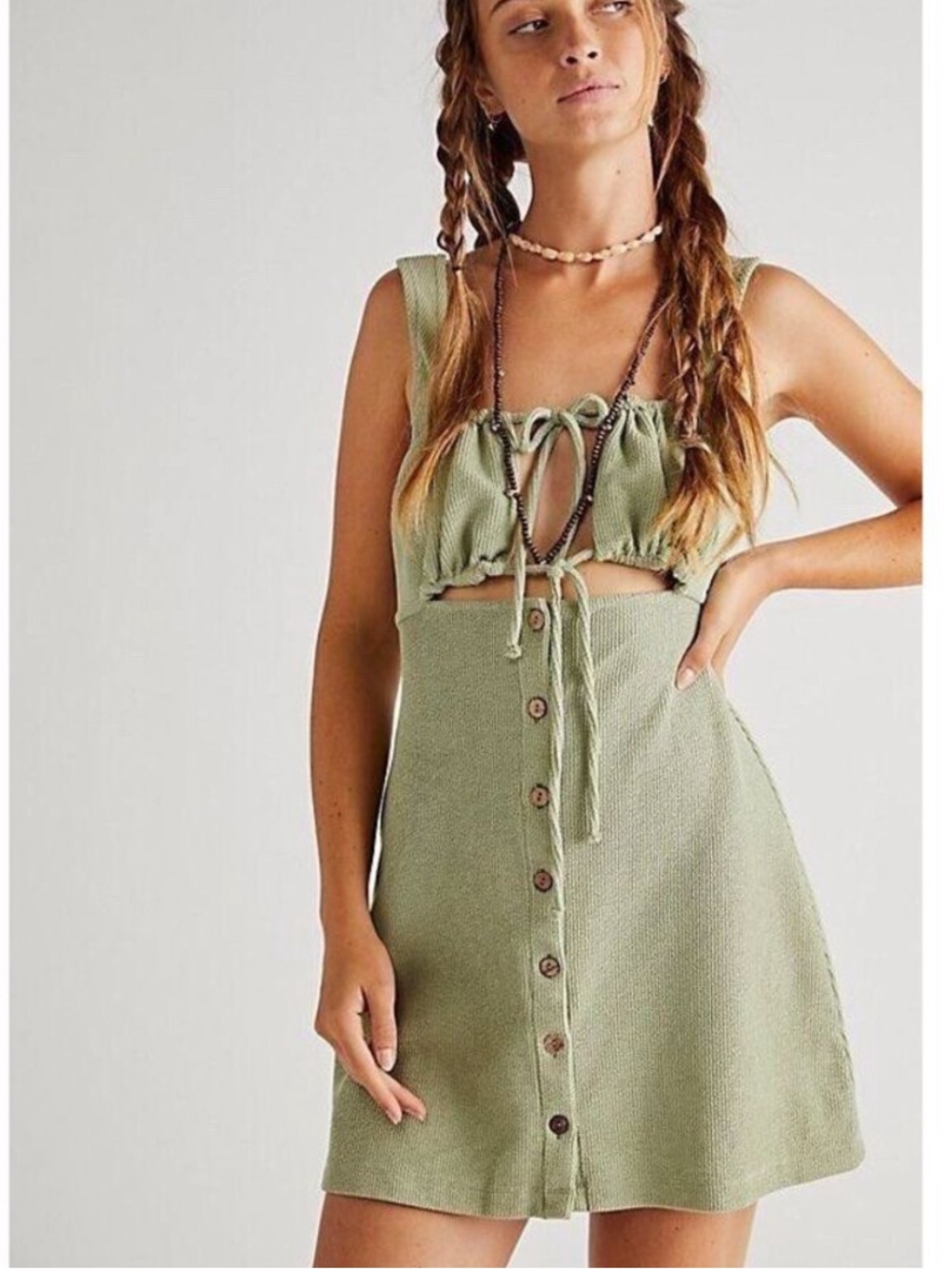 Free People Beach Olivia Corduroy Mini Dress Green Tie Front XS